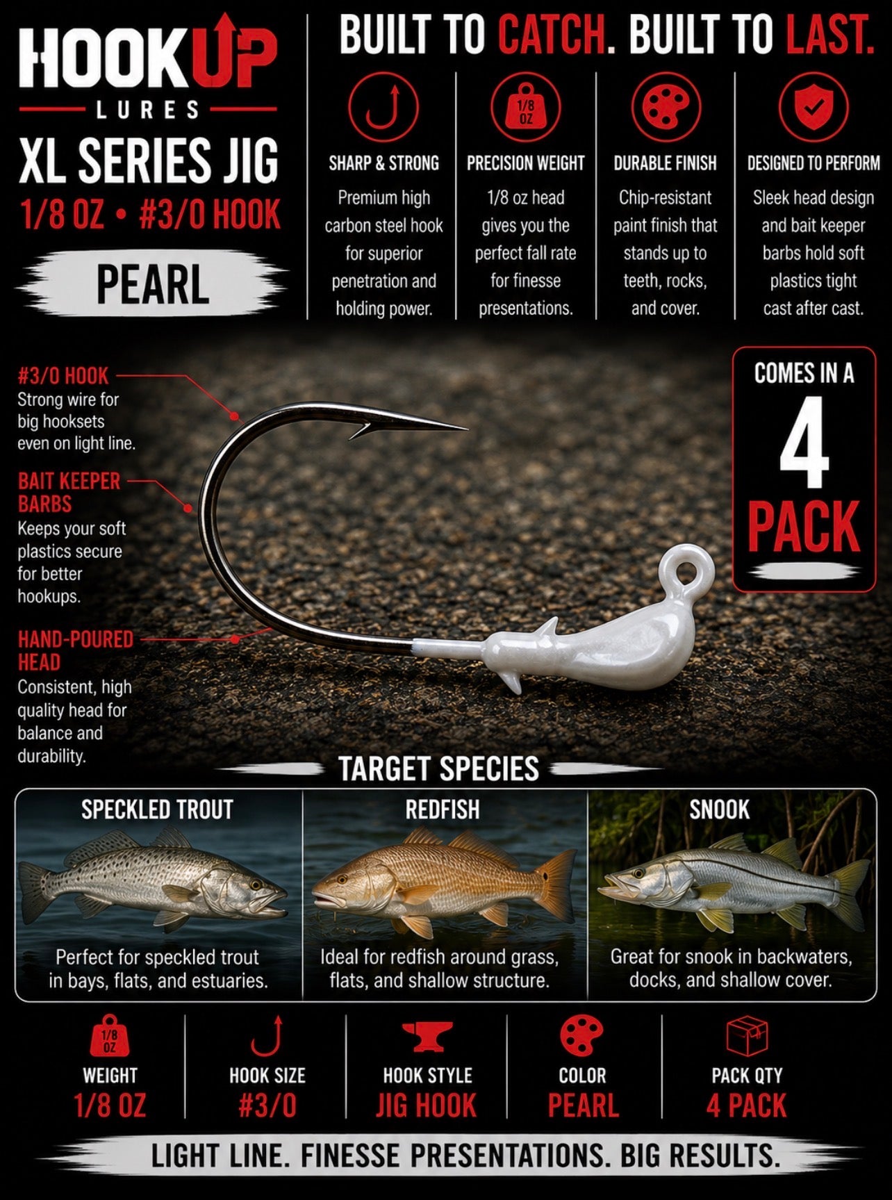 Hookup Lures XL Series Jig Head 1/8 oz 3/0 Hook (4 Pack)