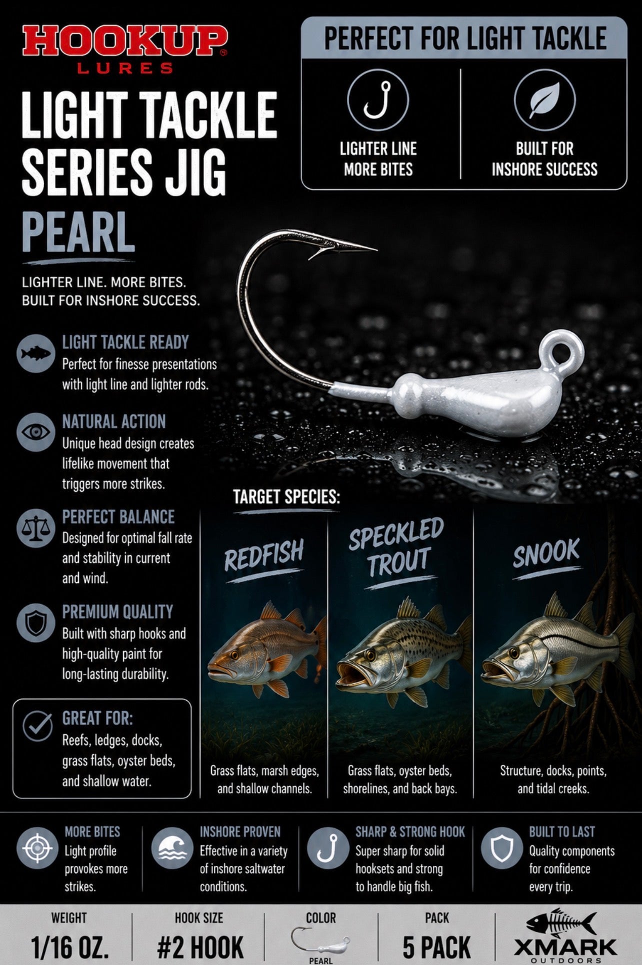 Hookup Lures Light Tackle Series Jig Head 1/16 oz #2 Hook (5 Pack)