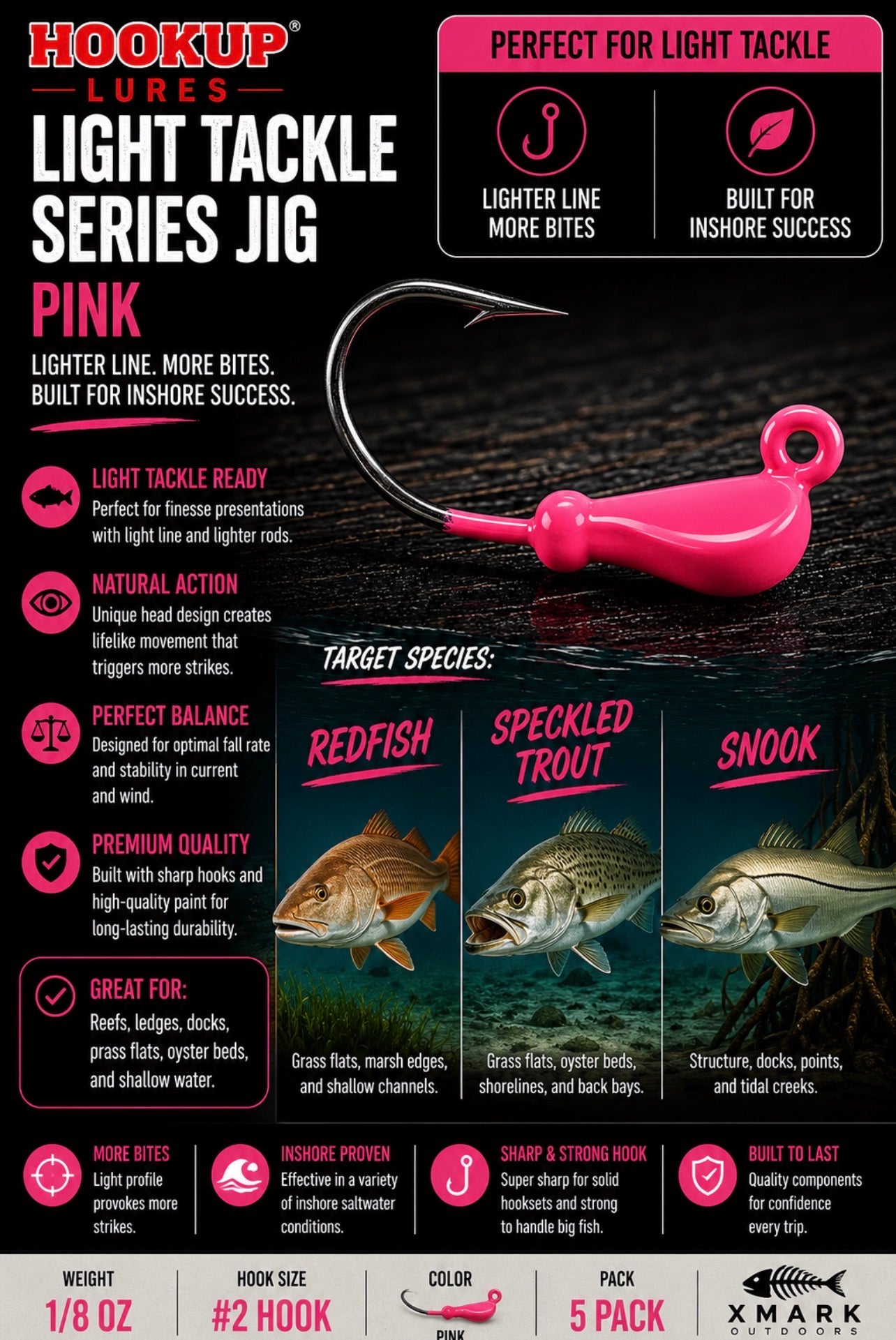 Hookup Lures Light Tackle Series Jig Head 1/8 oz #2 Hook (5 Pack)